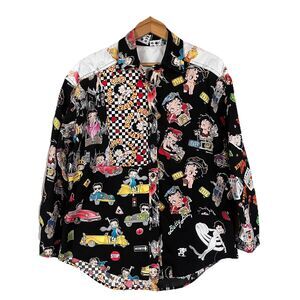 VTG Betty Boop Novelty Bingo Vegas NYC Cotton Button down Long Sleeve Blouse M/L